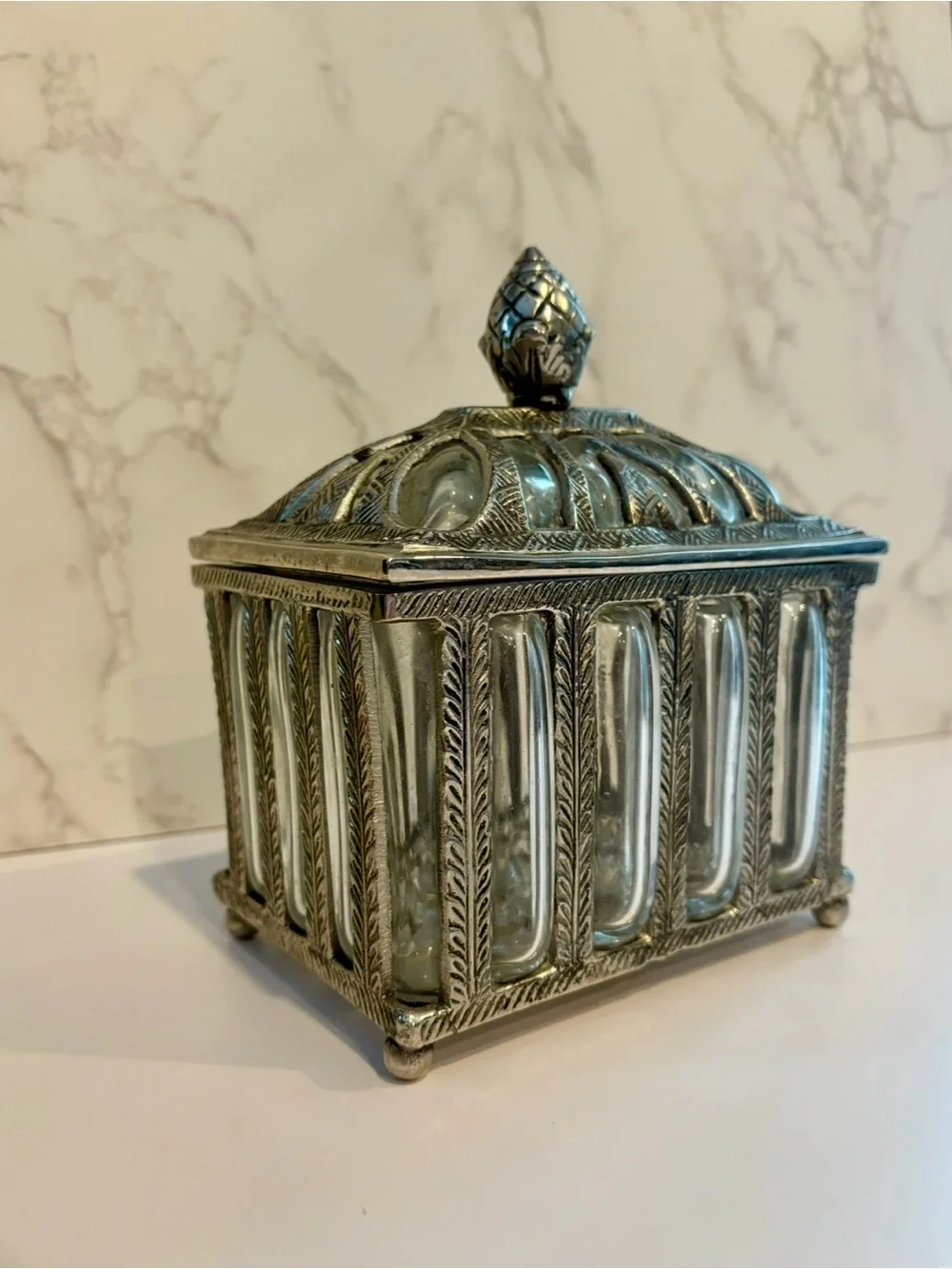 Vintage Silver Toned Bubble Glass Lidded Box